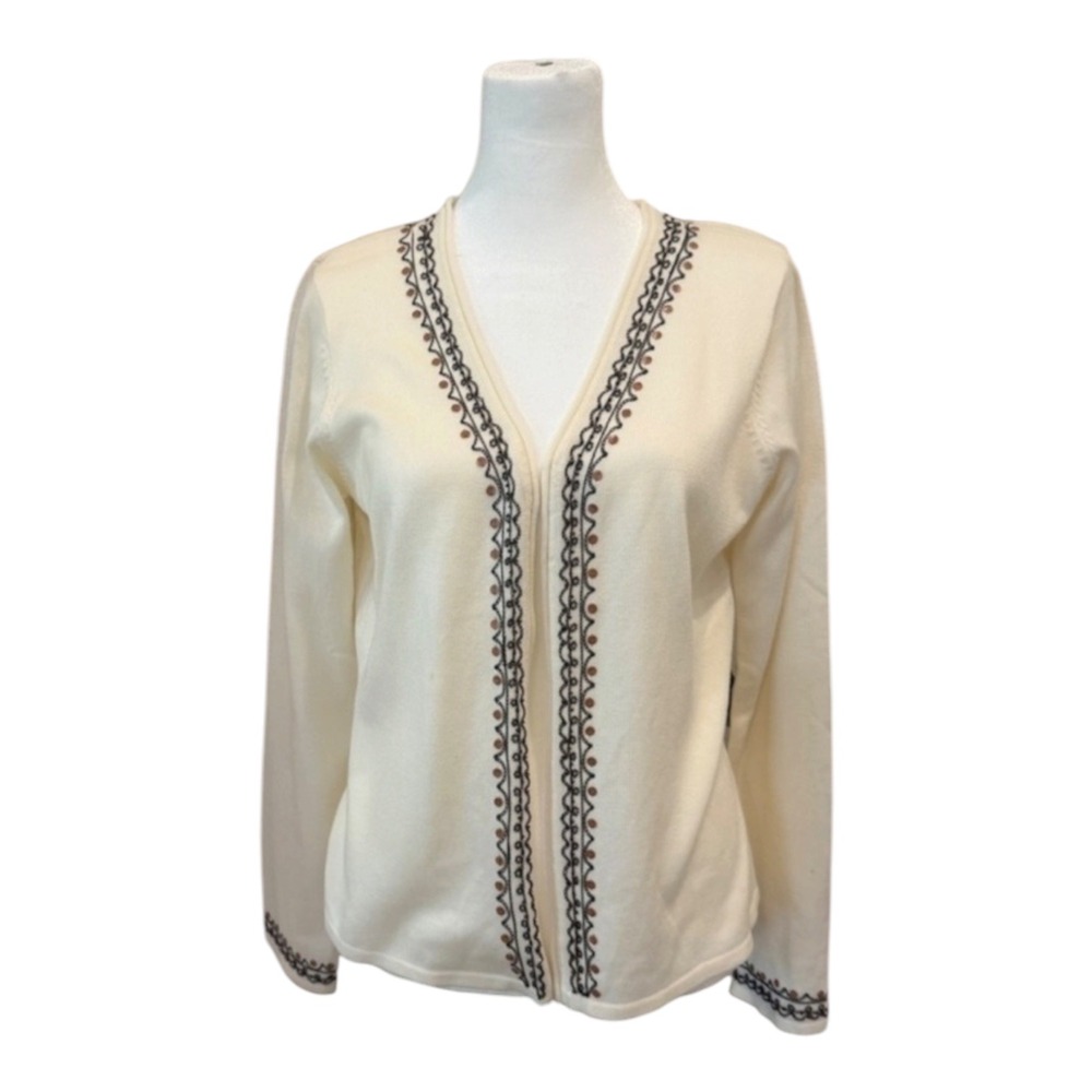 Villager Petite Liz Claiborne Cream Embroidered Cardigan Sweater VLPU3312 PM